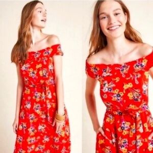 Anthropologie Conversations 47 of 52 Colloquial Off Shoulder Red Floral Midi